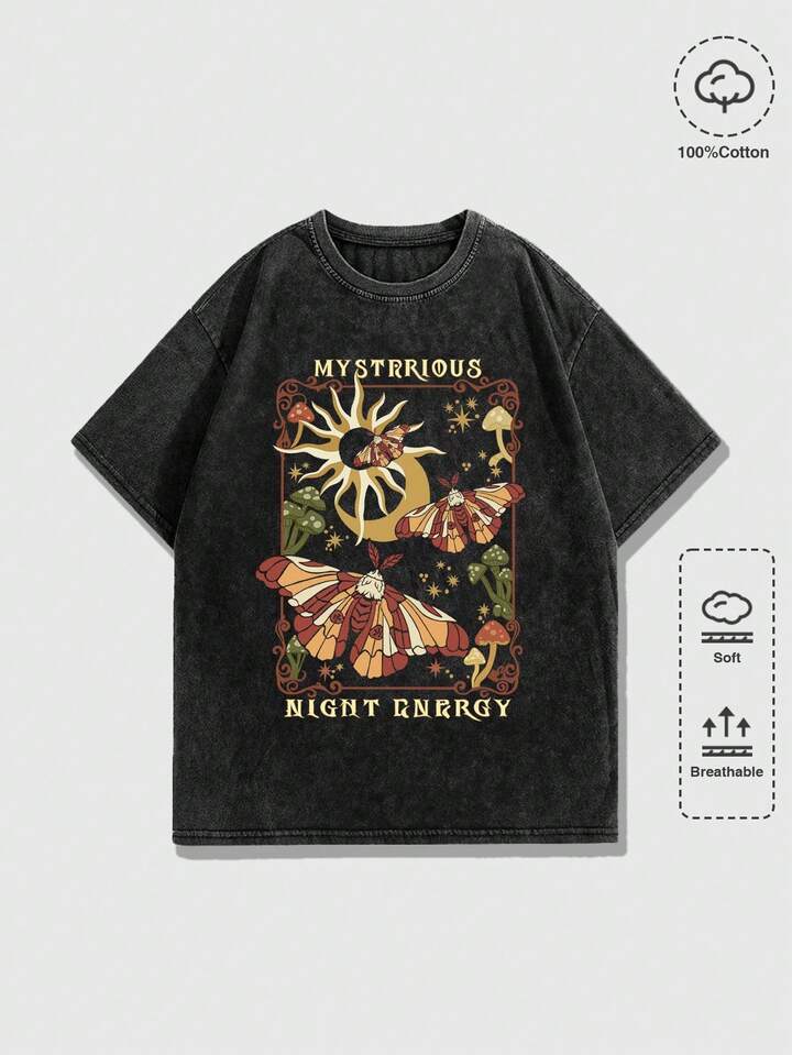 Grunge Punk Mysterious Star, Moon & Butterfly Print Washed Plus Size T-Shirt