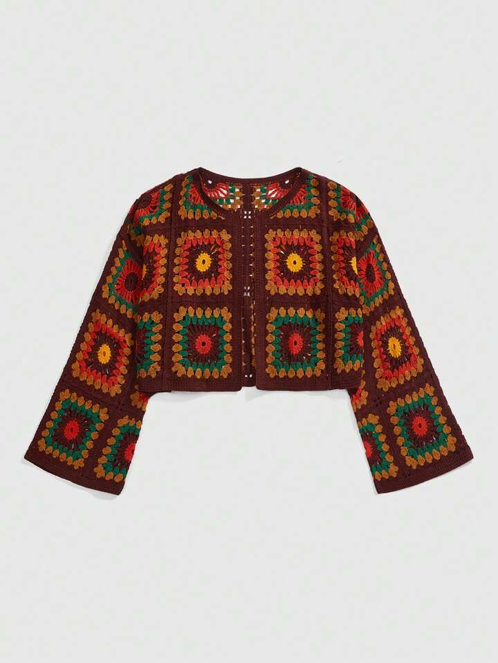 Fairycore Plus Size Retro Brown Crochet Floral Pattern Knit Cardigan, Vintage Brown Aesthetic Openwork Knit Sweater Jacket For Women, Plus Size Casual Autumn/Winter Hippie Retro Aesthetic Knit Cardigan