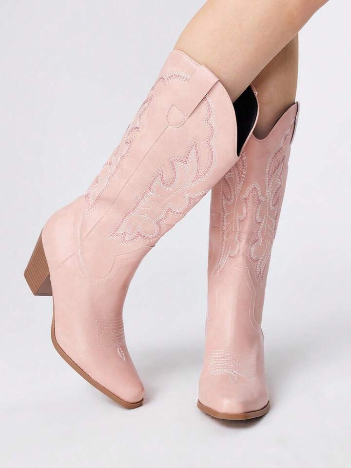 Fairycore Women's Cowgirl Boots, Pink Outdoor Casual Fashion Easy On/Off Embroidered Leather Mid-Calf Boots, Spring & Autumn For Christmas