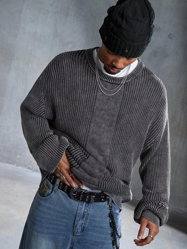 Men's Casual Washed Drop Shoulder Loose Knit Sweater, Autumn/Winter