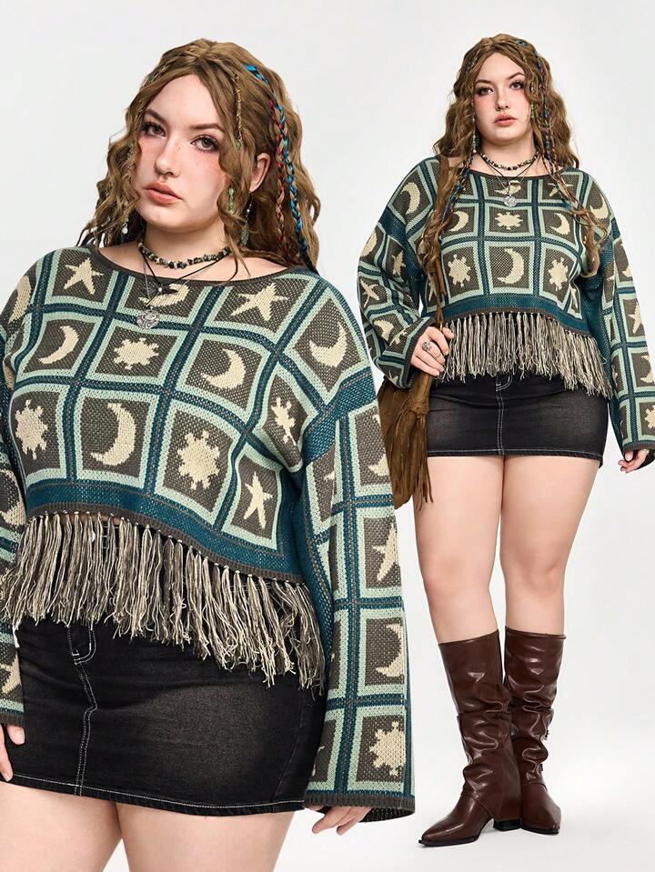 Fairycore Geometric Moon & Star Crochet Fringe Hem Long Sleeve Plus Size Green Sweater, Plus Size Women Long Sleeve Pullover Sweater Tops For Autumn/Winter