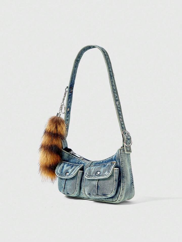 Grunge Punk 1pc Double Pocket Shoulder Bag With Faux Fur Tail Charm, Fashionable Personalized Vacation Style Women Handbag (Includes 1 Bag And 1 Set Of Accessories)