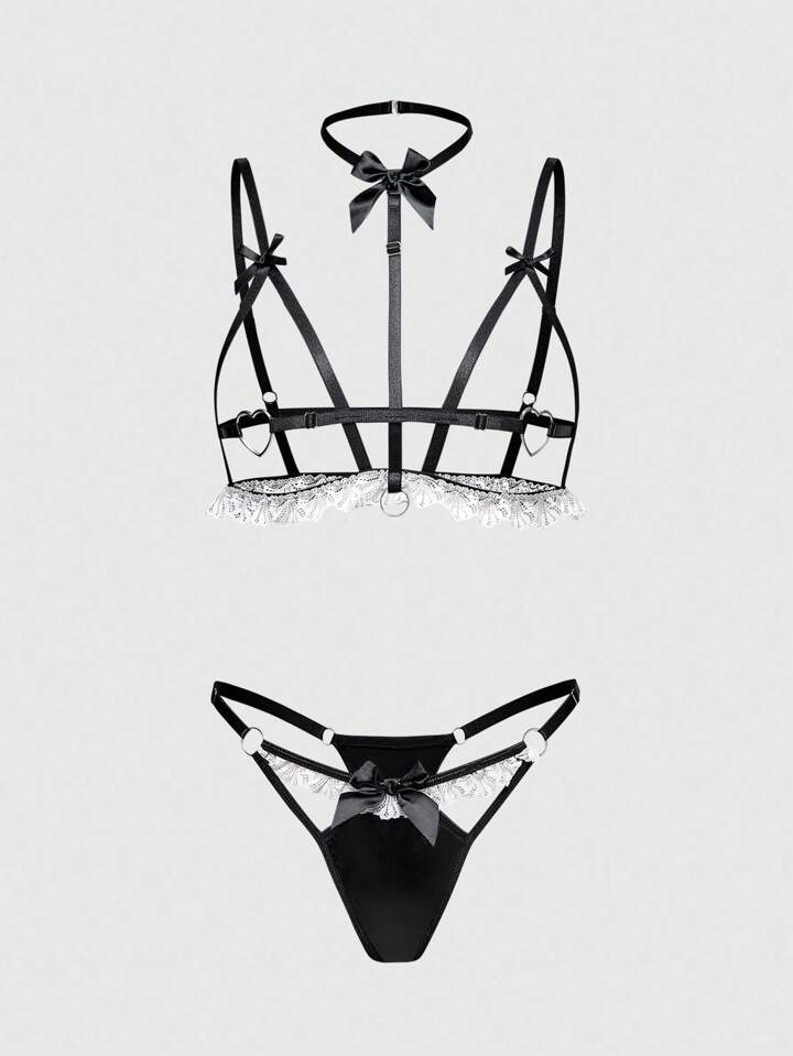 Goth Gothic Metal Ring Heart Bowknot Choker & Sexy Panty Set