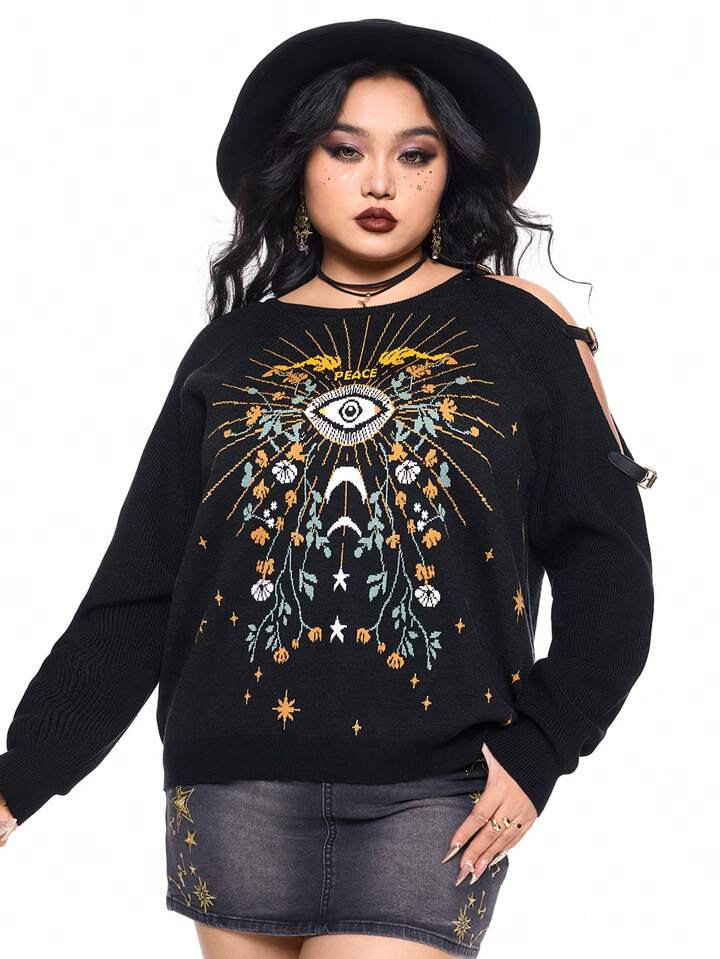 Plus Size Hippie Vintage Elaborate Star & Moon Eye Pattern Jacquard Asymmetric Neck Pullover Sweater