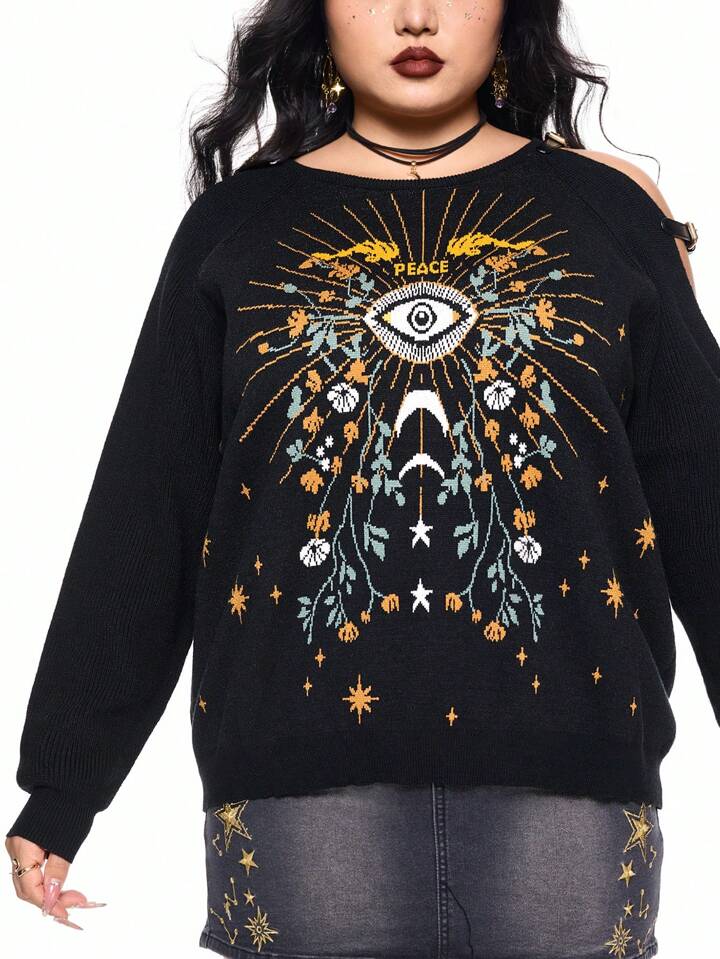 Plus Size Hippie Vintage Elaborate Star & Moon Eye Pattern Jacquard Asymmetric Neck Pullover Sweater