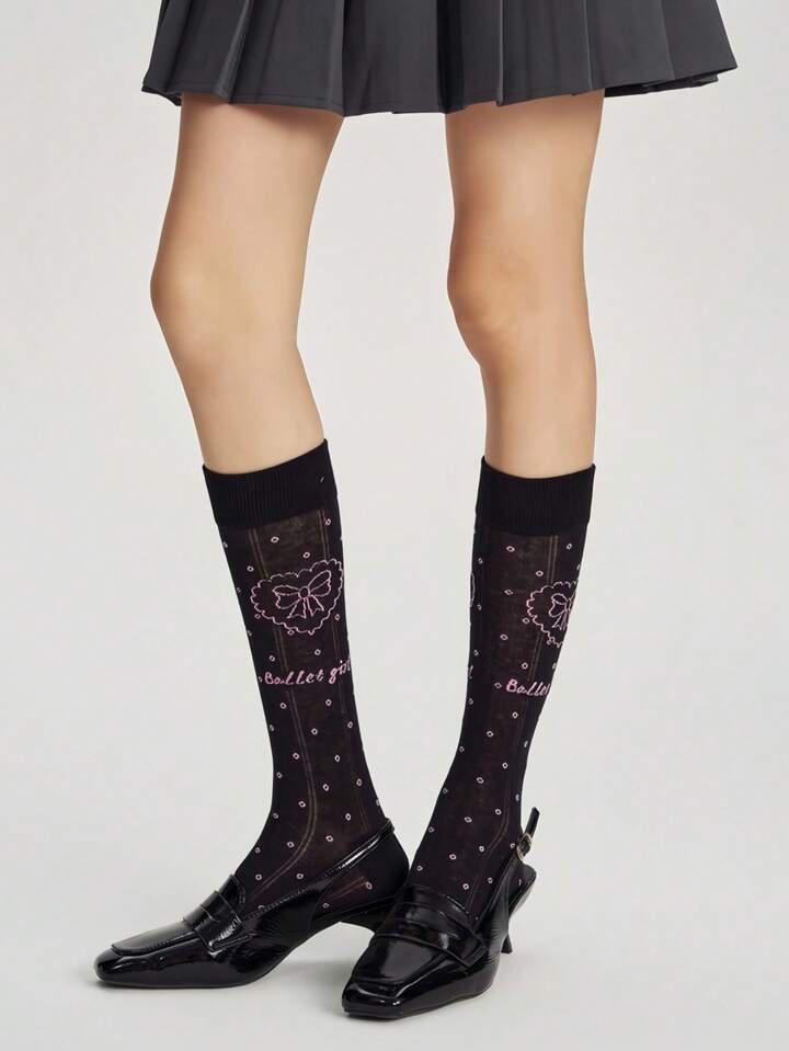 Kawaii Cute Bow Heart Polka Dot Printed Mid-Calf Socks, Sweet & Casual Lolita Socks, Versatile