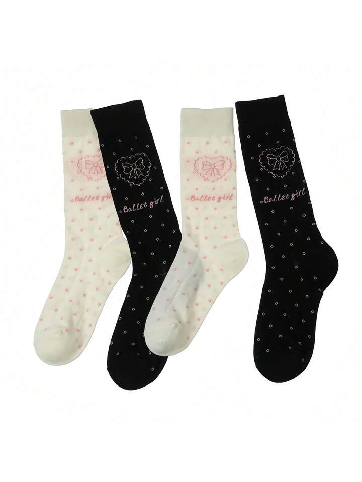 Kawaii Cute Bow Heart Polka Dot Printed Mid-Calf Socks, Sweet & Casual Lolita Socks, Versatile 2 Kawaii Cute Bow Heart Polka Dot Printed Mid-Calf Socks, Sweet & Casual Lolita Socks, Versatile