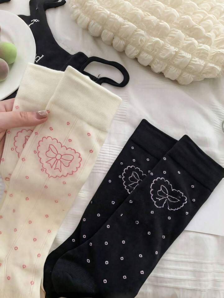 Kawaii Cute Bow Heart Polka Dot Printed Mid-Calf Socks, Sweet & Casual Lolita Socks, Versatile 6 Kawaii Cute Bow Heart Polka Dot Printed Mid-Calf Socks, Sweet & Casual Lolita Socks, Versatile