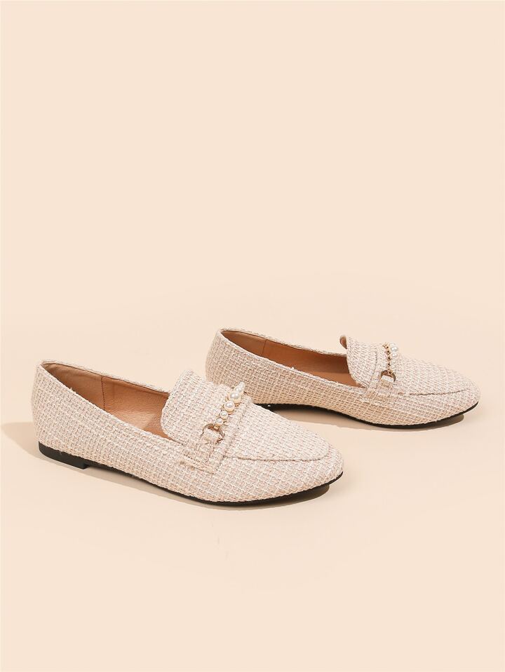 Fall/Winter Faux Pearl Decor Flat Loafers, Fashionable Beige Pearl Solid Color Women's Flat Shoes Valentines 2 Fall/Winter Faux Pearl Decor Flat Loafers, Fashionable Beige Pearl Solid Color Women's Flat Shoes Valentines
