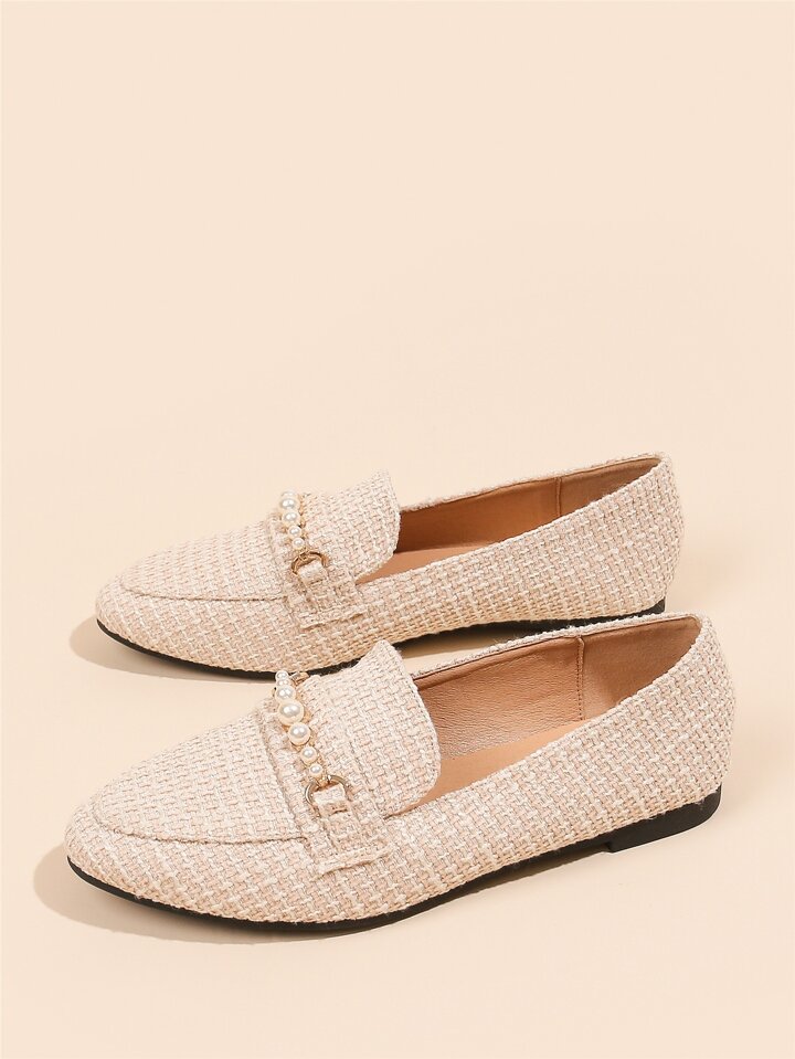 Fall/Winter Faux Pearl Decor Flat Loafers, Fashionable Beige Pearl Solid Color Women's Flat Shoes Valentines 3 Fall/Winter Faux Pearl Decor Flat Loafers, Fashionable Beige Pearl Solid Color Women's Flat Shoes Valentines