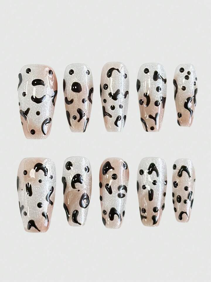 10pcs Punk Rhinestone Leopard Print Handmade False Nails + 3pcs Double-Sided Adhesive, Y2K Gothic Brown Leopard Nail Stickers, Reusable Hand-Painted Nail Decals, Suitable For Festivals, Parties, Dancing And Daily Wear