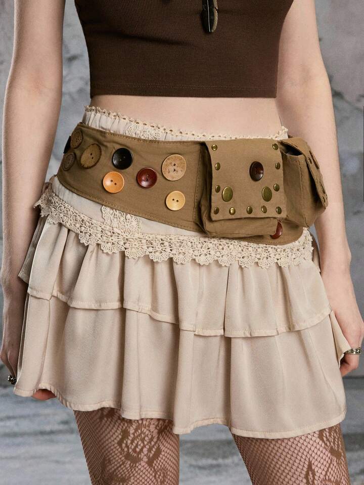 Hippie 1 X Vintage Bohemian Brown Belt Bag With Mixed Buttons And Rivets - Unique Handmade Belt Bag (Button Pattern And Size Random)