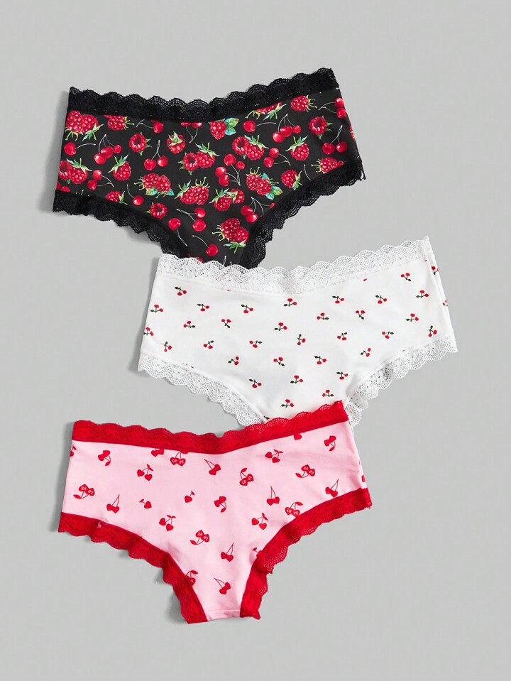 Kawaii 3pcs/Set Strawberry Cherry Printed Lace Trimmed Triangle Panties 2 Kawaii 3pcs/Set Strawberry Cherry Printed Lace Trimmed Triangle Panties
