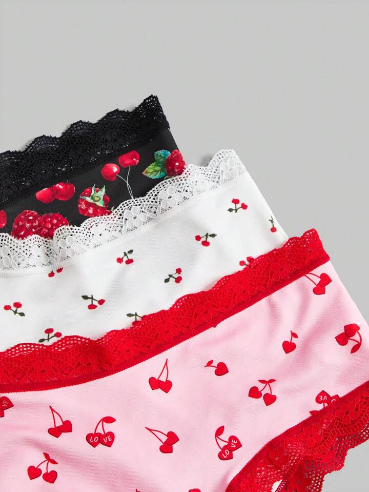 Kawaii 3pcs/Set Strawberry Cherry Printed Lace Trimmed Triangle Panties 4 Kawaii 3pcs/Set Strawberry Cherry Printed Lace Trimmed Triangle Panties