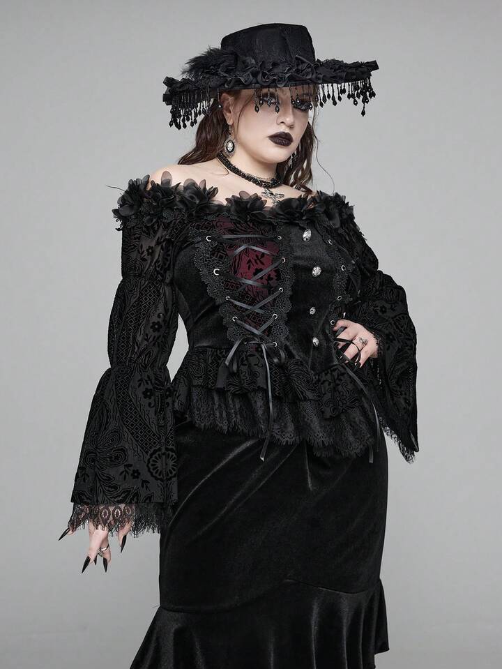 Christmas Plus Size Gothic Elegant Lace Velvet Collar Embellished Floral Tie Blouse, Autumn/Winter Red & Black Gothic Style Luxurious Embroidered Formal Top, Plus Size Women Autumn Apparel, Plus Size Holiday Dress