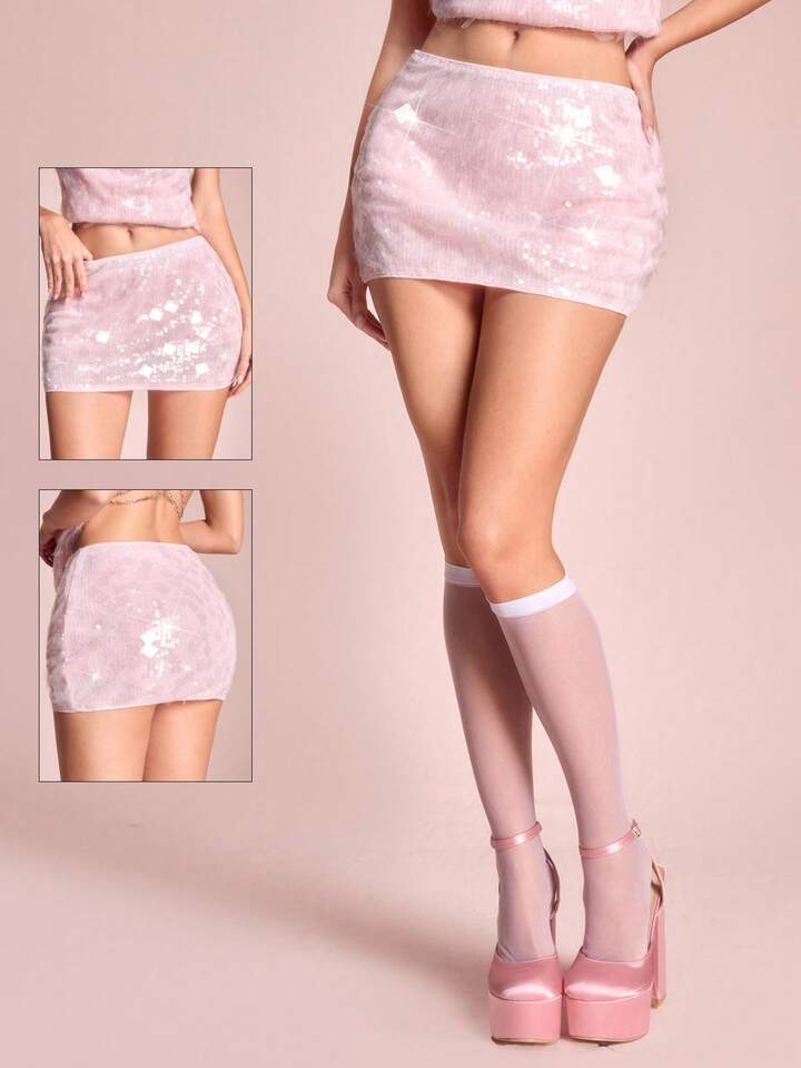 EDITION Sequin Embellished Bodycon Mini Skirt For Women, Party & Romantic