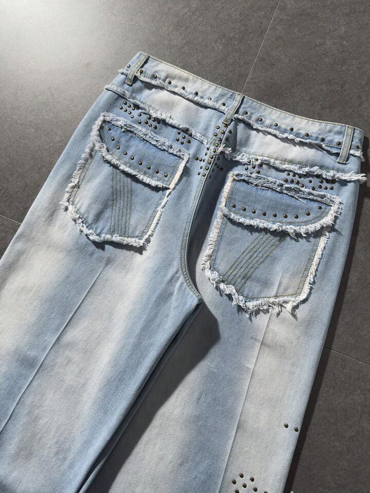 Men's Rivet Decor Pocket Wide Leg Loose Fit Jeans