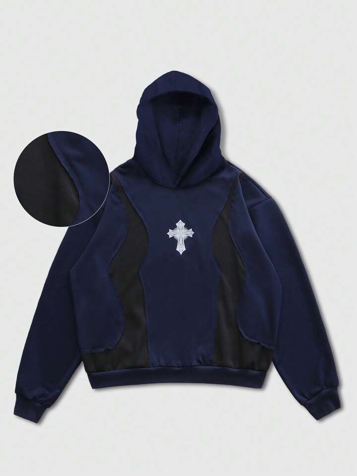 Men's Cross Print Color Block Pullover Hoodie