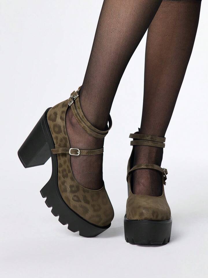 Kawaii Women's Leopard Print Closed Toe Chunky Heel Mary Jane Pumps With Ankle Strap, Waterproof Platform Party Dress Shoes