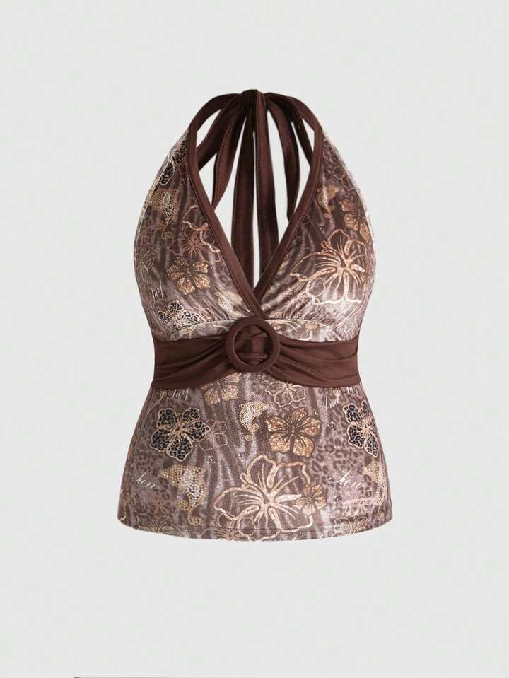 J-Fashion Plus Size Millennium Retro Velvet Leopard Print Halter Neck Camisole, Autumn/Winter