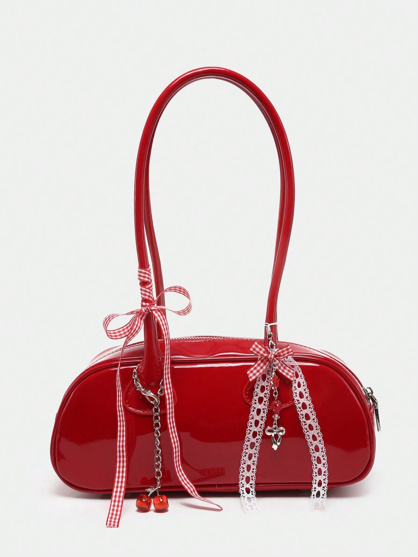 Kawaii Women's Retro Cute Plaid Bowknot Strap Cherry Heart Decor Shoulder Underarm Bag With Multiple Pockets Boston Tote