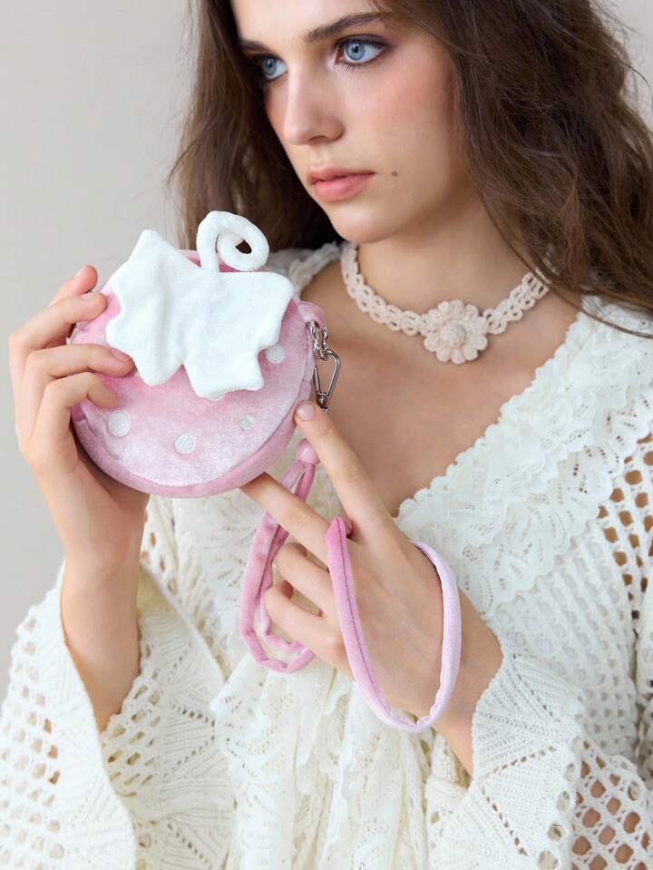 Mini Kawaii Strawberry Flap Coin Pouch Necklace Bag, Cute Sweet Fashion Versatile Multi-Function Camera Bag Purse For Women, Suitable For Vacation, Party, Social, Shopping, Photography