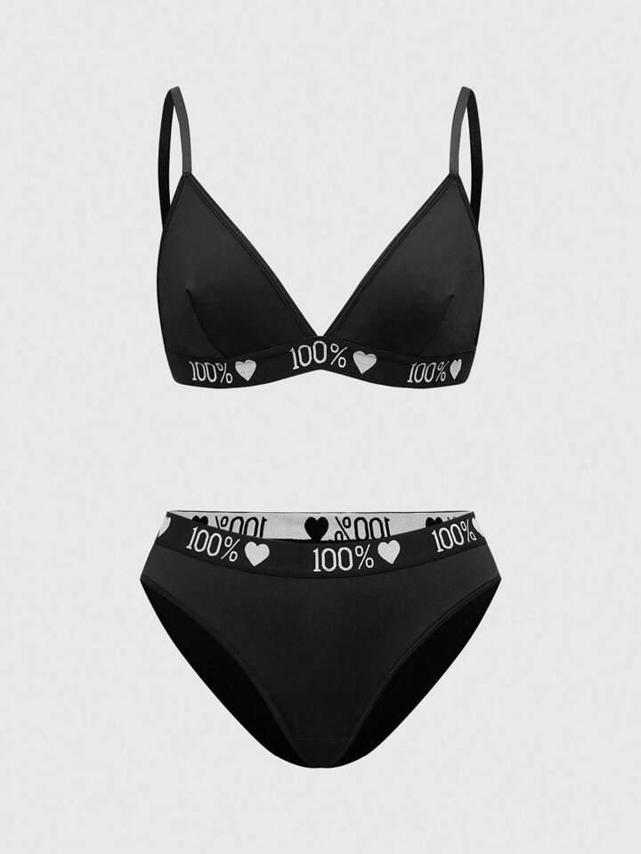 Gothic Dark Heart Elastic Webbing Triangle Cup Bra & Panties Lingerie Set