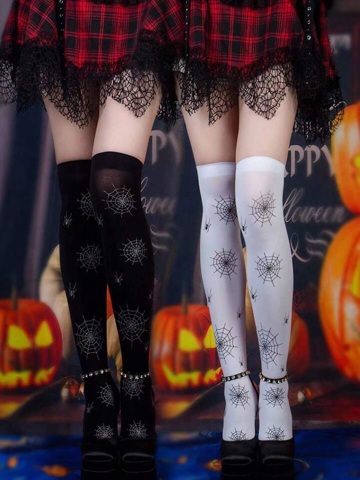 2 Pairs Spider Web Patterned Sexy Thigh High Stockings, For Women, Halloween