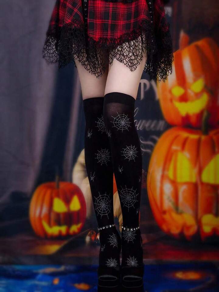 2 Pairs Spider Web Patterned Sexy Thigh High Stockings, For Women, Halloween