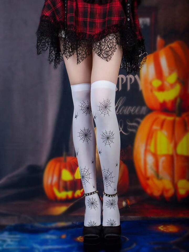 2 Pairs Spider Web Patterned Sexy Thigh High Stockings, For Women, Halloween