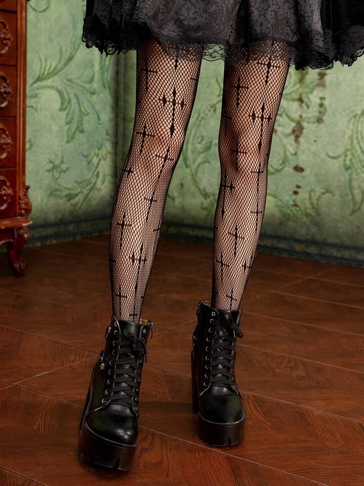 1Pair Women Cross Pattern Fishnet Tights Gothic, Halloween