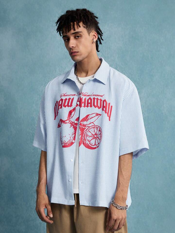 Casual Men's Striped & Alphabet Printed Front Button Short Sleeve Shirt, Vacation