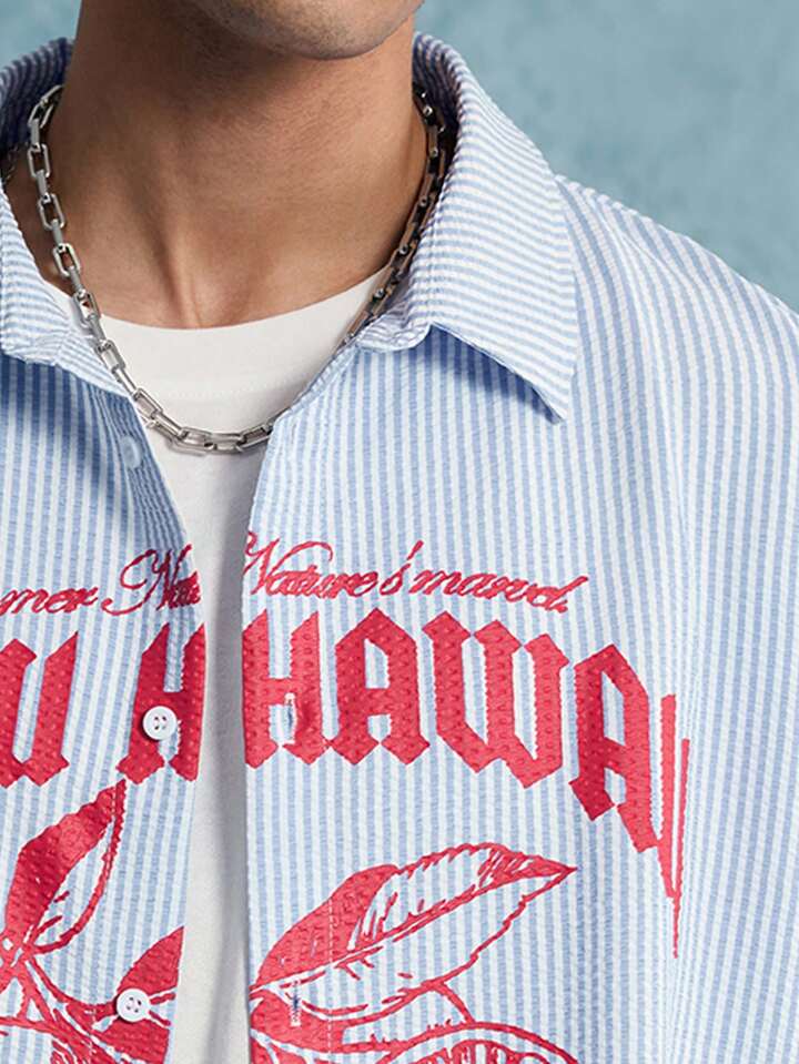 Casual Men's Striped & Alphabet Printed Front Button Short Sleeve Shirt, Vacation