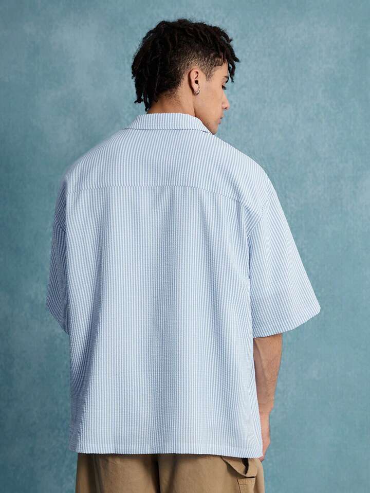 Casual Men's Striped & Alphabet Printed Front Button Short Sleeve Shirt, Vacation