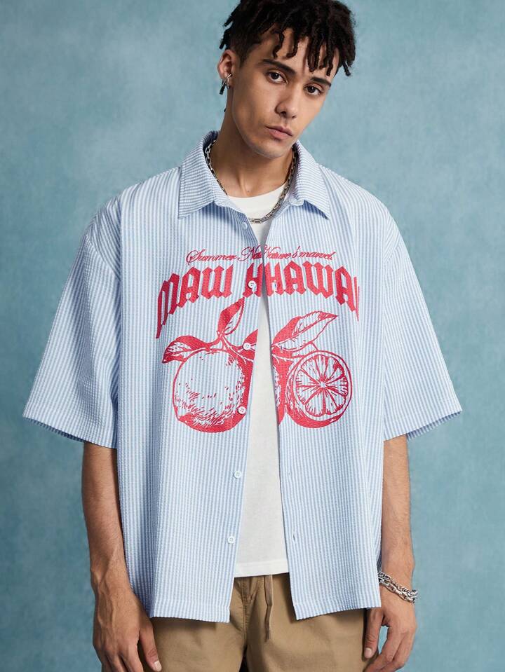 Casual Men's Striped & Alphabet Printed Front Button Short Sleeve Shirt, Vacation 4 Casual Men's Striped & Alphabet Printed Front Button Short Sleeve Shirt, Vacation