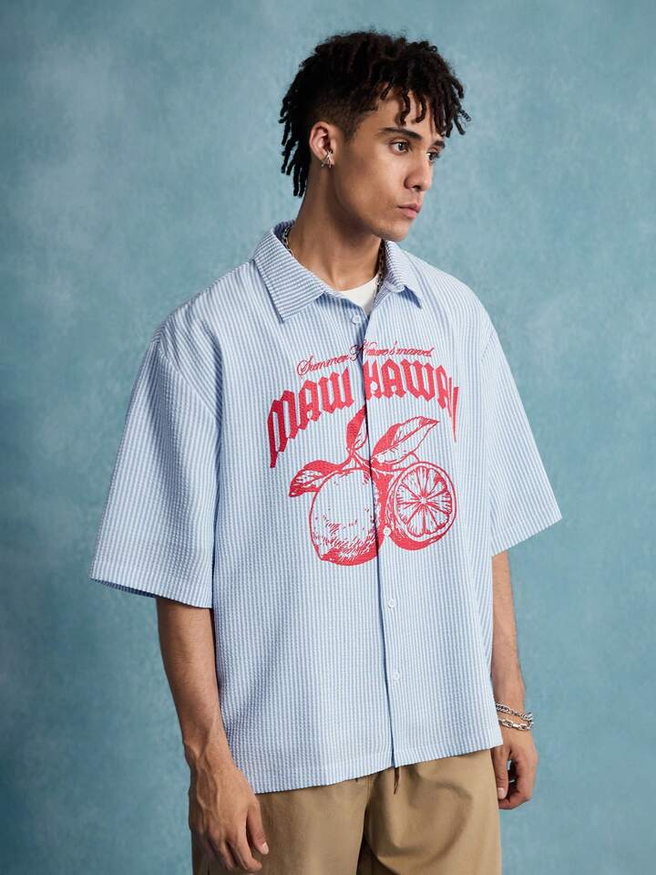 Casual Men's Striped & Alphabet Printed Front Button Short Sleeve Shirt, Vacation 6 Casual Men's Striped & Alphabet Printed Front Button Short Sleeve Shirt, Vacation