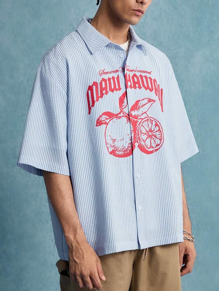 Casual Men's Striped & Alphabet Printed Front Button Short Sleeve Shirt, Vacation 7 Casual Men's Striped & Alphabet Printed Front Button Short Sleeve Shirt, Vacation