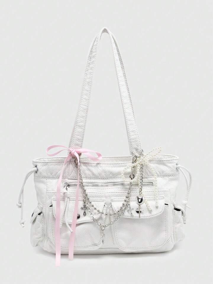 Kawaii Vintage Distressed Ombre Cross & Heart Print Bowknot Detail Shoulder Tote Bag, Spacious Pink Shoulder Handbag With Multiple Pockets