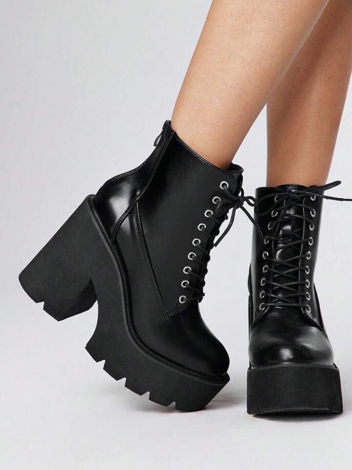 Casual Solid Color Chunky Heel Lace-Up Women Ankle Boots For Christmas
