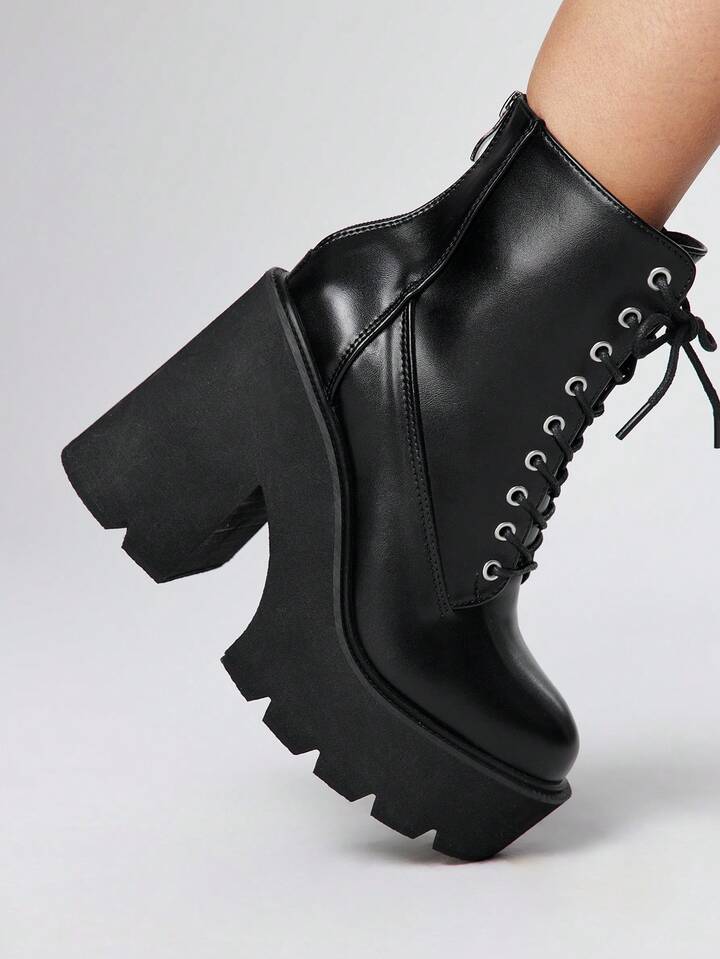 Casual Solid Color Chunky Heel Lace-Up Women Ankle Boots For Christmas