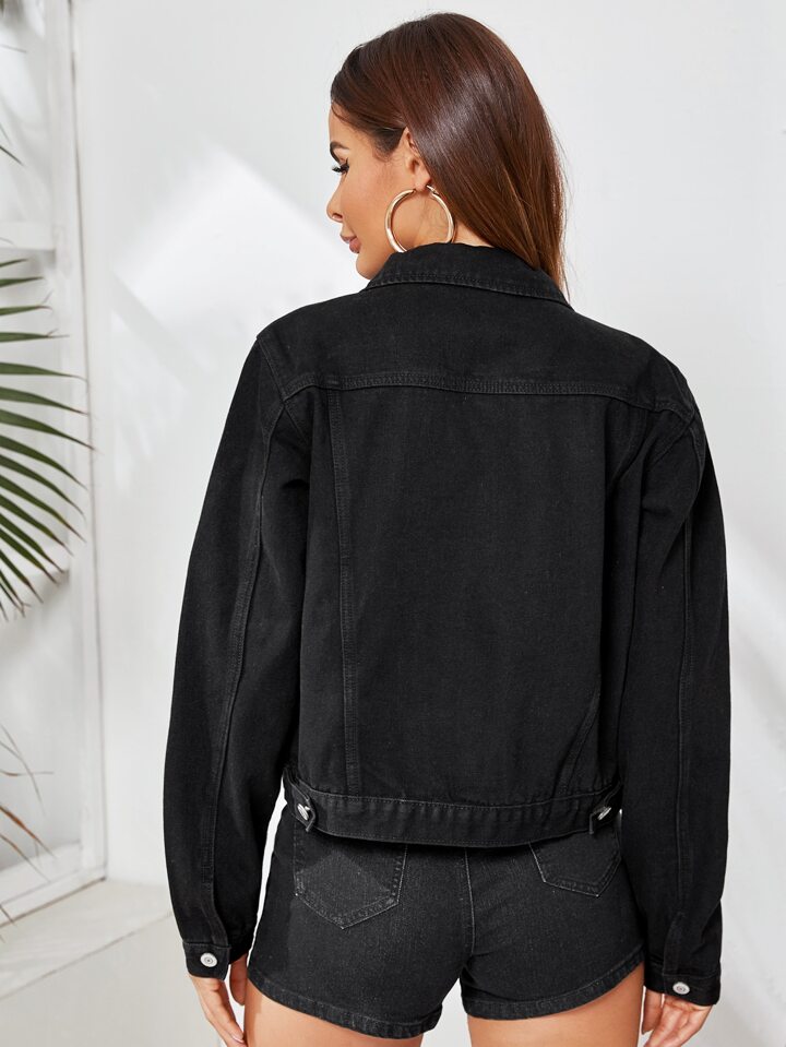 Solid Button Through Flap Pocket Denim Jacket