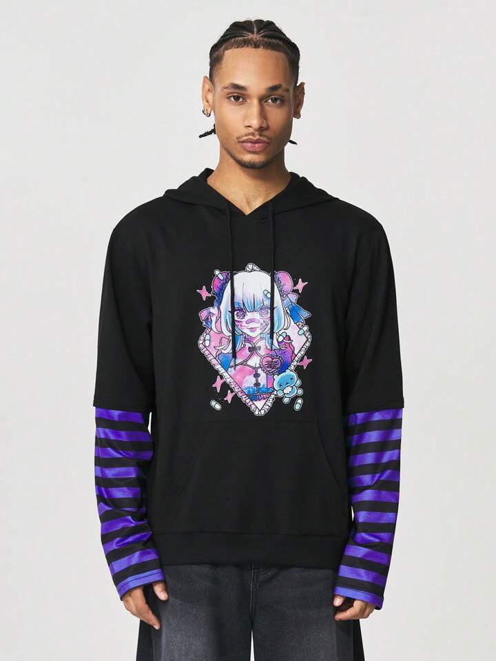 Men's Cartoon Print Contrast Color Hooded Sweatshirt, School