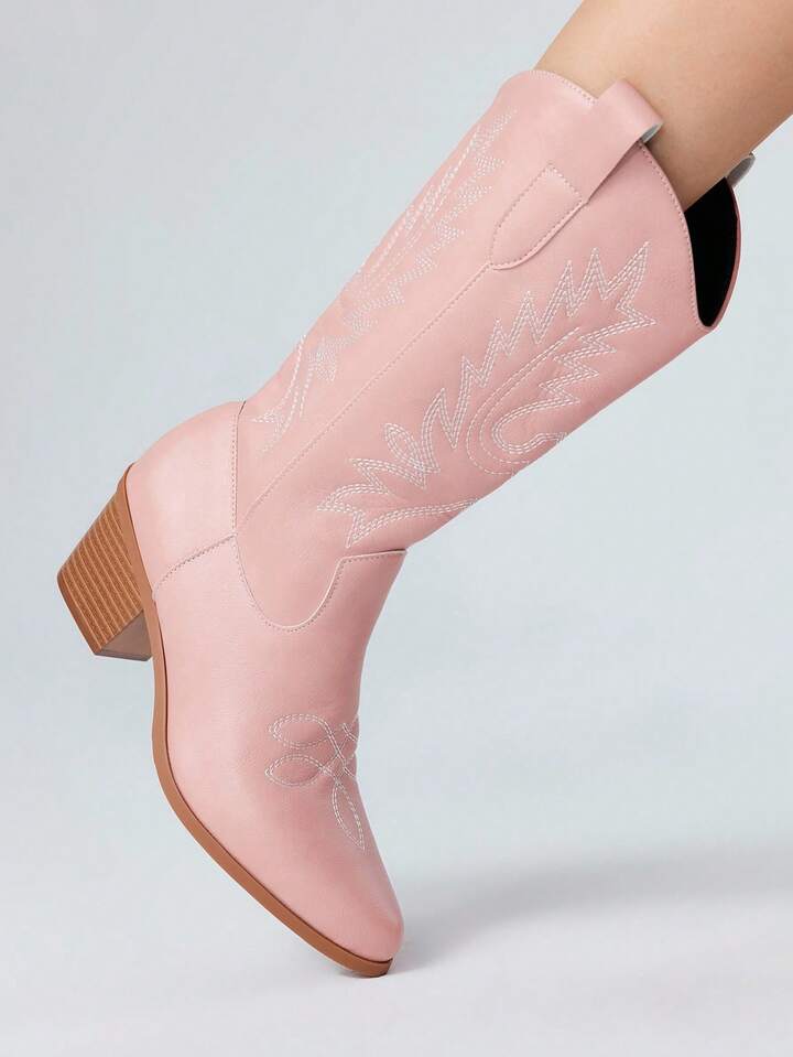 Fairycore Women's 2025 Spring/Autumn New Embroidered Pointed Toe Slip-On Chunky Heel Western Cowboy Boots, Pink