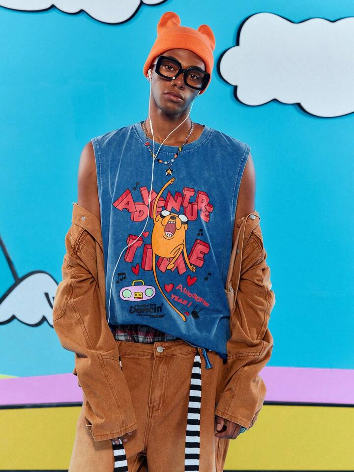 Adventure Time X ROMWE Men's Cartoon And Denim-Effect Print Tank Top, Suitable For Everyday Wear In Spring ,Summer