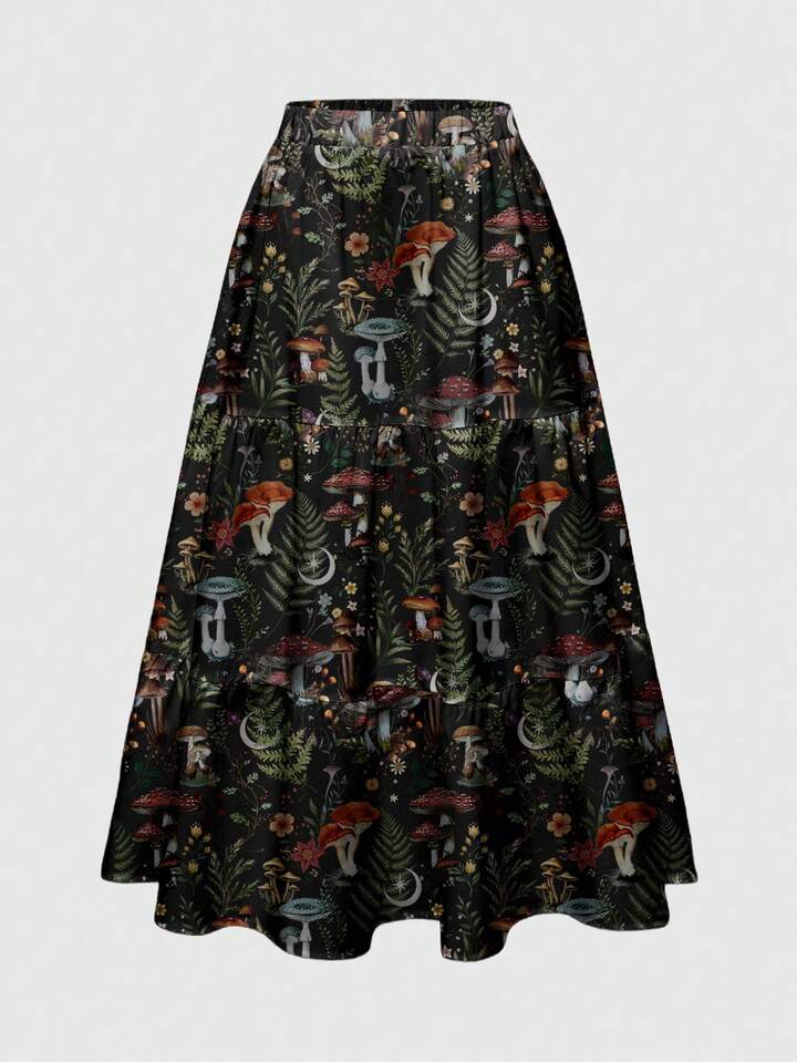 Fairycore 3-Layer Women Mushroom & Leaf Allover Print Goth Skirt With Sun, Moon & Star Patterns, Autumn/Winter