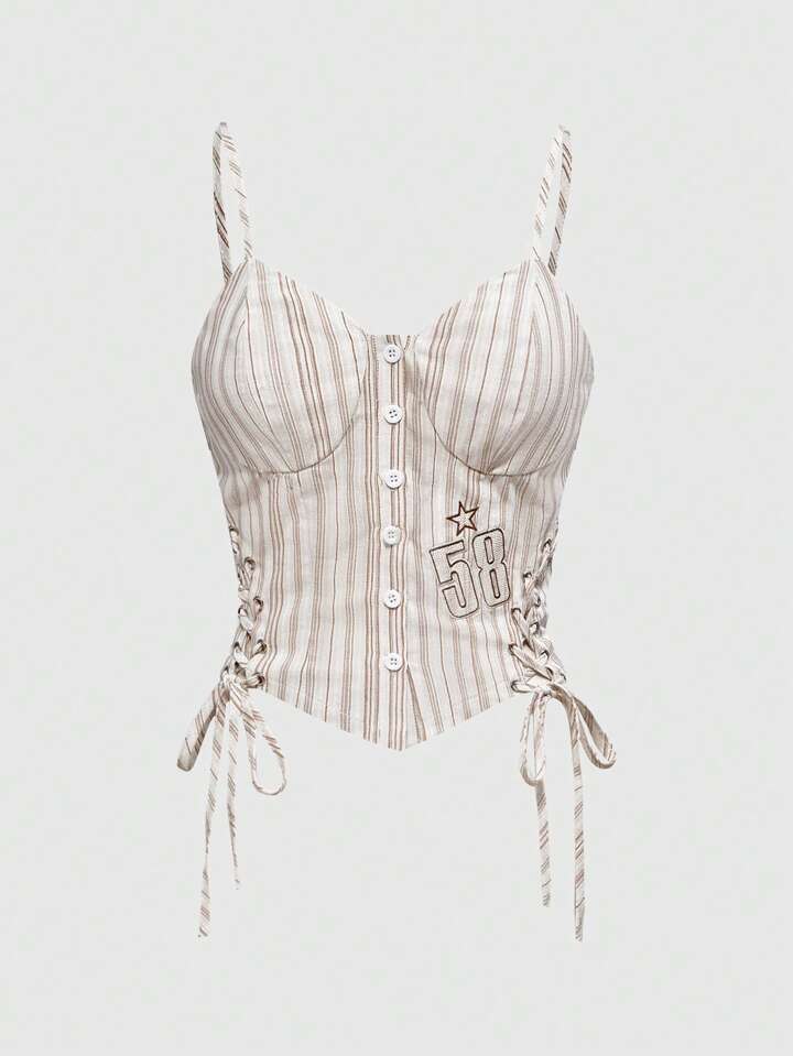 ROMWE Avant Women's Ballet Striped Front Button Criss-Cross Straps Corset Camisole Top