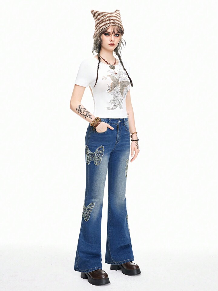 Fairycore Women's Vintage Butterfly Stud Beaded Bohemian Flared Jeans
