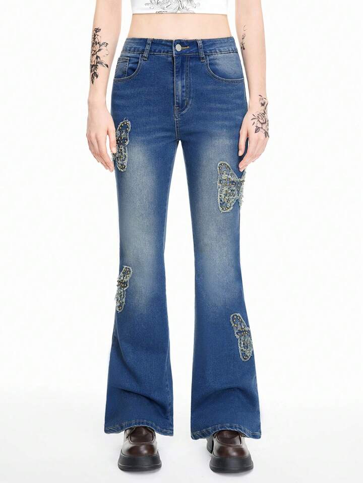 Fairycore Women's Vintage Butterfly Stud Beaded Bohemian Flared Jeans