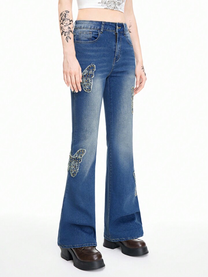 Fairycore Women's Vintage Butterfly Stud Beaded Bohemian Flared Jeans