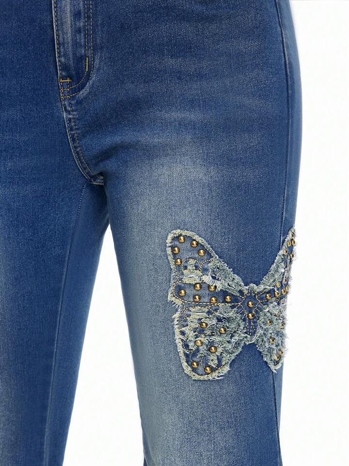 Fairycore Women's Vintage Butterfly Stud Beaded Bohemian Flared Jeans